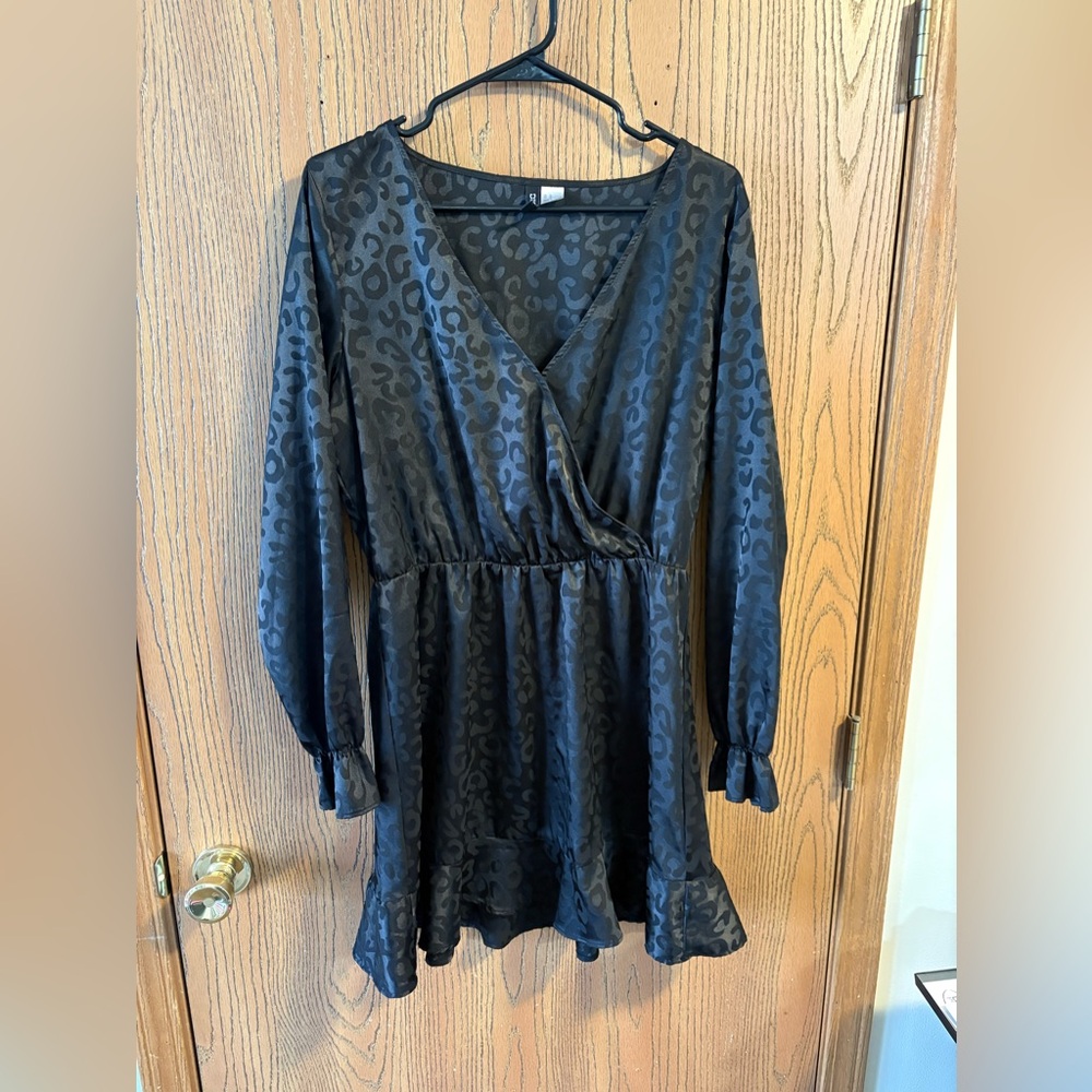 Satin Leopard Print Black Dress